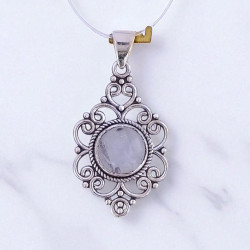 Wholesale 925 Sterling Silver Gemstone Pendant | Vintage Openwork Scalloped Scrollwork Filigree Round Natural Rose Quartz & Rainbow Moonstone Medallion Charm (MYS P14)