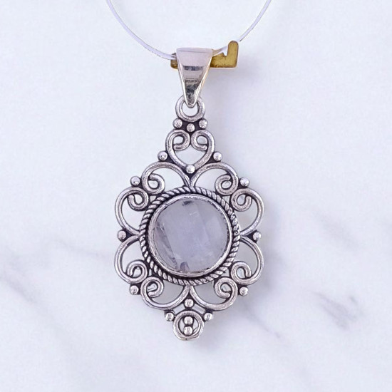 Wholesale 925 Sterling Silver Gemstone Pendant | Vintage Openwork Scalloped Scrollwork Filigree Round Natural Rose Quartz & Rainbow Moonstone Medallion Charm (MYS P14)