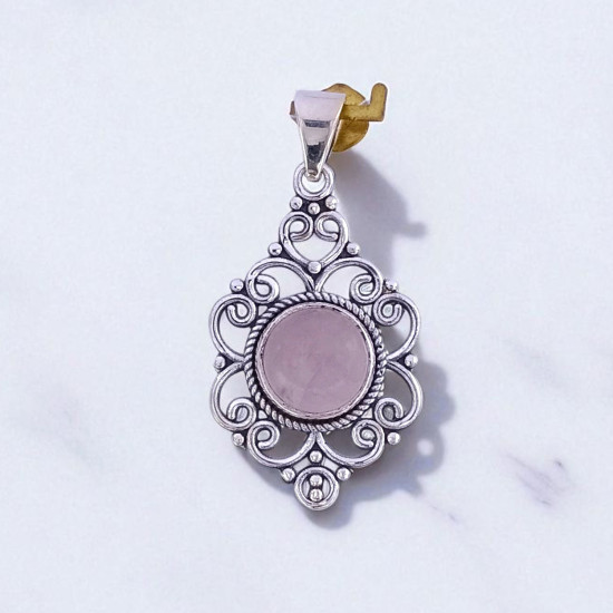 Wholesale 925 Sterling Silver Gemstone Pendant | Vintage Openwork Scalloped Scrollwork Filigree Round Natural Rose Quartz & Rainbow Moonstone Medallion Charm (MYS P14)