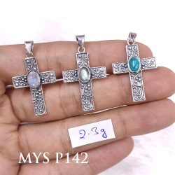 925 Sterling Silver Filigree Scroll Cross Pendant | Multi Gemstone Vintage Religious Jewelry (MYS P142)