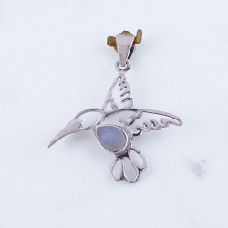 Wholesale 925 Sterling Silver Gemstone Pendant | Delicate Openwork Flying Hummingbird Pear-Cut Natural Rose Quartz & Rainbow Moonstone Charm (MYS P15)