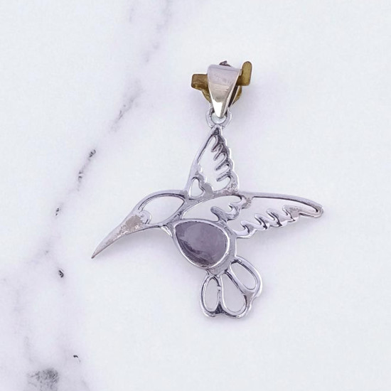 Wholesale 925 Sterling Silver Gemstone Pendant | Delicate Openwork Flying Hummingbird Pear-Cut Natural Rose Quartz & Rainbow Moonstone Charm (MYS P15)