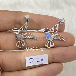 Wholesale 925 Sterling Silver Gemstone Pendant | Delicate Openwork Flying Hummingbird Pear-Cut Natural Rose Quartz & Rainbow Moonstone Charm (MYS P15)