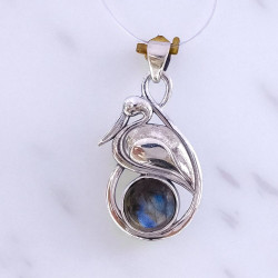 Wholesale 925 Sterling Silver Gemstone Pendant | Sculpted Crane Stork Heron Bird Natural Round Labradorite & Turquoise Statement Charm (MYS P16)