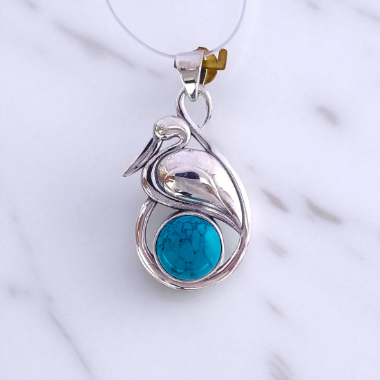 Wholesale 925 Sterling Silver Gemstone Pendant | Sculpted Crane Stork Heron Bird Natural Round Labradorite & Turquoise Statement Charm (MYS P16)