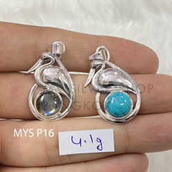 Wholesale 925 Sterling Silver Gemstone Pendant | Sculpted Crane Stork Heron Bird Natural Round Labradorite & Turquoise Statement Charm (MYS P16)