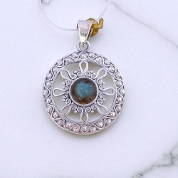 Wholesale 925 Sterling Silver Gemstone Pendant | Vintage Openwork Solar Sunburst Wavy Loops Granulated Beaded Circular Frame Natural Amethyst & Labradorite Medallion Charm (MYS P17)