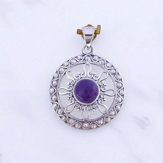 Wholesale 925 Sterling Silver Gemstone Pendant | Vintage Openwork Solar Sunburst Wavy Loops Granulated Beaded Circular Frame Natural Amethyst & Labradorite Medallion Charm (MYS P17)