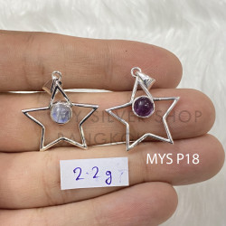 Wholesale 925 Sterling Silver Gemstone Pendant | Celestial Openwork Five-Point Star Natural Rainbow Moonstone & Amethyst Charm (MYS P18)