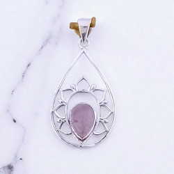 Wholesale 925 Sterling Silver Gemstone Pendant | Sacred Openwork Blooming Lotus Flower Teardrop Frame Pear-Cut Natural Rose Quartz & Turquoise Charm (MYS P19)