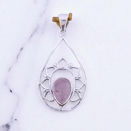 Wholesale 925 Sterling Silver Gemstone Pendant | Sacred Openwork Blooming Lotus Flower Teardrop Frame Pear-Cut Natural Rose Quartz & Turquoise Charm (MYS P19)