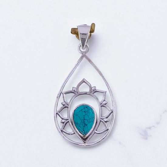 Wholesale 925 Sterling Silver Gemstone Pendant | Sacred Openwork Blooming Lotus Flower Teardrop Frame Pear-Cut Natural Rose Quartz & Turquoise Charm (MYS P19)