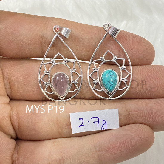 Wholesale 925 Sterling Silver Gemstone Pendant | Sacred Openwork Blooming Lotus Flower Teardrop Frame Pear-Cut Natural Rose Quartz & Turquoise Charm (MYS P19)
