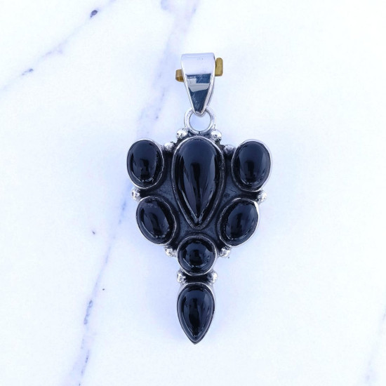 Natural Black Onyx Gemstone Cabochon 925 Silver Charm Pendant | MYS P194 Natural Black Onyx Gemstone Cabochon 925 Silver Charm Pendant | MYS P194