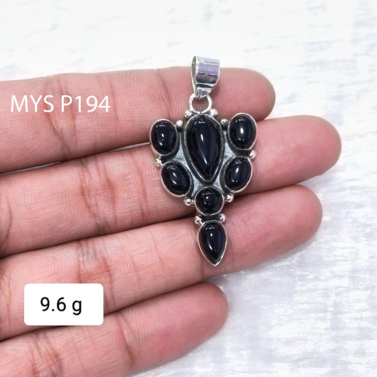 Natural Black Onyx Gemstone Cabochon 925 Silver Charm Pendant | MYS P194 Natural Black Onyx Gemstone Cabochon 925 Silver Charm Pendant | MYS P194