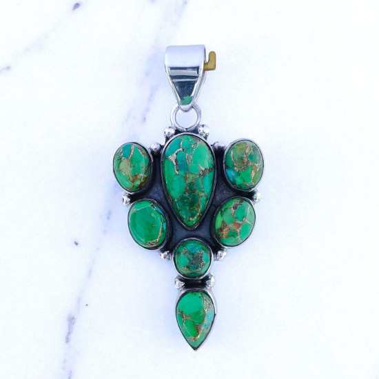 Wholesale 925 Sterling Silver Green Copper Turquoise Vintage Cluster Pendant| MYS P199 Wholesale 925 Sterling Silver Green Copper Turquoise Vintage Cluster Pendant| MYS P199
