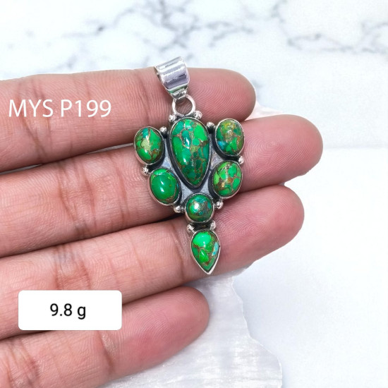 Wholesale 925 Sterling Silver Green Copper Turquoise Vintage Cluster Pendant| MYS P199 Wholesale 925 Sterling Silver Green Copper Turquoise Vintage Cluster Pendant| MYS P199