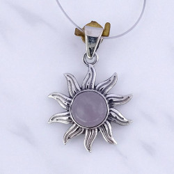 Wholesale 925 Sterling Silver Gemstone Pendant | Celestial Sunburst Radiant Rays Natural Rose Quartz & Turquoise Cabochon Charm (MYS P2)