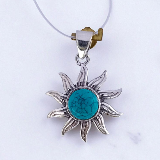 Wholesale 925 Sterling Silver Gemstone Pendant | Celestial Sunburst Radiant Rays Natural Rose Quartz & Turquoise Cabochon Charm (MYS P2) Wholesale 925 Sterling Silver Gemstone Pendant | Celestial Sunburst Radiant Rays Natural Rose Quartz & Turquoise Cabochon Charm (MYS P2)