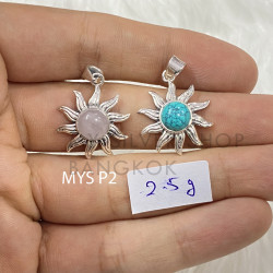 Wholesale 925 Sterling Silver Gemstone Pendant | Celestial Sunburst Radiant Rays Natural Rose Quartz & Turquoise Cabochon Charm (MYS P2)