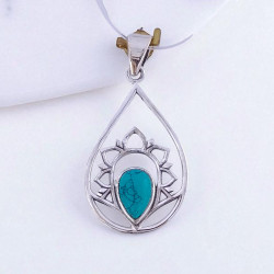 Wholesale 925 Sterling Silver Gemstone Pendant | Sacred Openwork Blooming Lotus Flower Teardrop Frame Pear-Cut Natural Rose Quartz & Turquoise Charm (MYS P20)