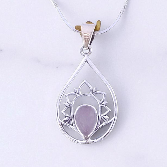 Wholesale 925 Sterling Silver Gemstone Pendant | Sacred Openwork Blooming Lotus Flower Teardrop Frame Pear-Cut Natural Rose Quartz & Turquoise Charm (MYS P20)