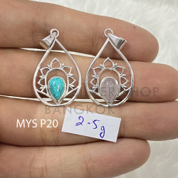 Wholesale 925 Sterling Silver Gemstone Pendant | Sacred Openwork Blooming Lotus Flower Teardrop Frame Pear-Cut Natural Rose Quartz & Turquoise Charm (MYS P20)