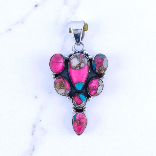 Wholesale 925 Sterling Silver Pink Spiny Oyster Turquoise Vintage Cluster Pendant| MYS P200 Wholesale 925 Sterling Silver Pink Spiny Oyster Turquoise Vintage Cluster Pendant| MYS P200
