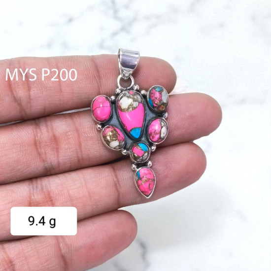 Wholesale 925 Sterling Silver Pink Spiny Oyster Turquoise Vintage Cluster Pendant| MYS P200 Wholesale 925 Sterling Silver Pink Spiny Oyster Turquoise Vintage Cluster Pendant| MYS P200