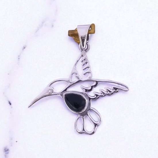 925 Sterling Silver Hummingbird Pendant | Natural Black Onyx Nature Jewelry (MYS P209 925 Sterling Silver Hummingbird Pendant | Natural Black Onyx Nature Jewelry (MYS P209