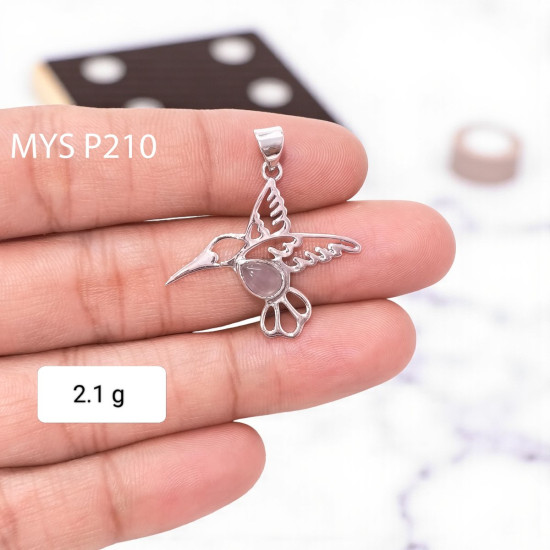 925 Sterling Silver Rose Quartz Enamel Hummingbird Kingfisher Bird Shape Pendant (MYS P210 925 Sterling Silver Rose Quartz Enamel Hummingbird Kingfisher Bird Shape Pendant (MYS P210