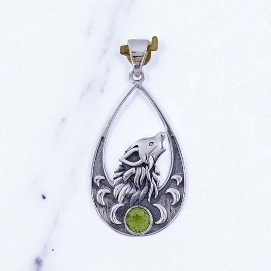 Wholesale 925 Sterling Silver Howling Wolf Pendant | Natural Peridot Moon Teardrop Jewelry (MYS P215) Wholesale 925 Sterling Silver Howling Wolf Pendant | Natural Peridot Moon Teardrop Jewelry (MYS P215)