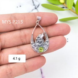 Wholesale 925 Sterling Silver Howling Wolf Pendant | Natural Peridot Moon Teardrop Jewelry (MYS P215)