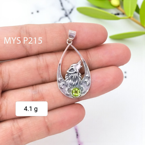 Wholesale 925 Sterling Silver Howling Wolf Pendant | Natural Peridot Moon Teardrop Jewelry (MYS P215) Wholesale 925 Sterling Silver Howling Wolf Pendant | Natural Peridot Moon Teardrop Jewelry (MYS P215)
