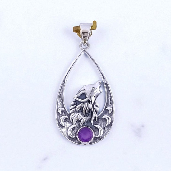 Wholesale 925 Sterling Silver Howling Wolf Pendant | Natural Amethyst Moon Teardrop Jewelry (MYS P216) Wholesale 925 Sterling Silver Howling Wolf Pendant | Natural Amethyst Moon Teardrop Jewelry (MYS P216)
