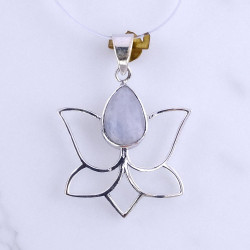 Wholesale 925 Sterling Silver Gemstone Pendant | Minimalist Openwork Blooming Lotus Petal Pear-Cut Natural Amethyst & Rainbow Moonstone Charm (MYS P22) Wholesale 925 Sterling Silver Gemstone Pendant | Minimalist Openwork Blooming Lotus Petal Pear-Cut Natural Amethyst & Rainbow Moonstone Charm (MYS P22)