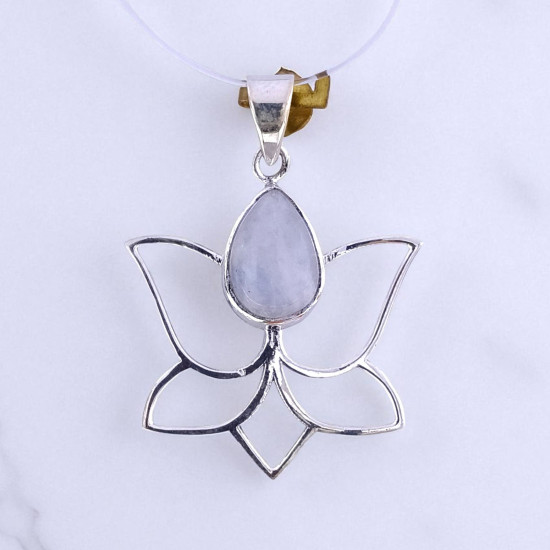 Wholesale 925 Sterling Silver Gemstone Pendant | Minimalist Openwork Blooming Lotus Petal Pear-Cut Natural Amethyst & Rainbow Moonstone Charm (MYS P22) Wholesale 925 Sterling Silver Gemstone Pendant | Minimalist Openwork Blooming Lotus Petal Pear-Cut Natural Amethyst & Rainbow Moonstone Charm (MYS P22)