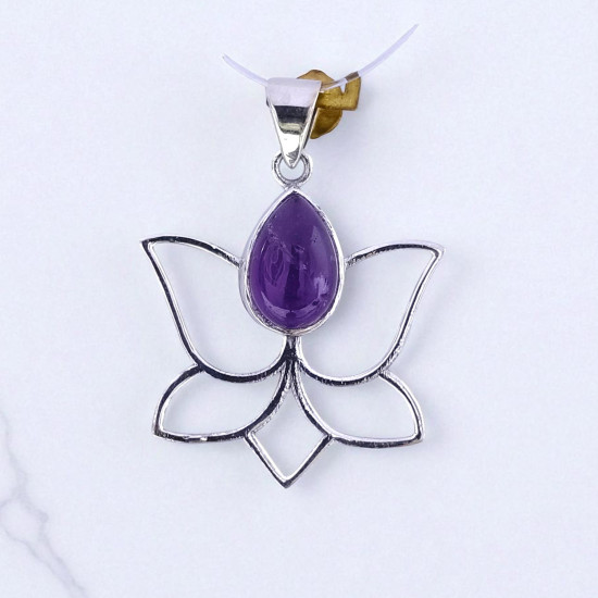 Wholesale 925 Sterling Silver Gemstone Pendant | Minimalist Openwork Blooming Lotus Petal Pear-Cut Natural Amethyst & Rainbow Moonstone Charm (MYS P22) Wholesale 925 Sterling Silver Gemstone Pendant | Minimalist Openwork Blooming Lotus Petal Pear-Cut Natural Amethyst & Rainbow Moonstone Charm (MYS P22)