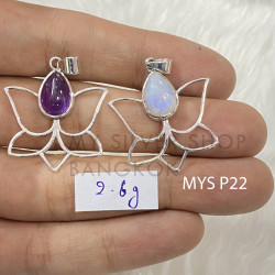 Wholesale 925 Sterling Silver Gemstone Pendant | Minimalist Openwork Blooming Lotus Petal Pear-Cut Natural Amethyst & Rainbow Moonstone Charm (MYS P22)