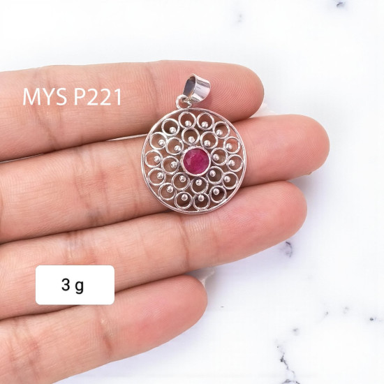 Wholesale 925 Sterling Silver Ruby Mandala Pendant | Round Filigree Boho Jewelry (MYS P221) Wholesale 925 Sterling Silver Ruby Mandala Pendant | Round Filigree Boho Jewelry (MYS P221)