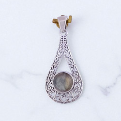 Wholesale 925 Sterling Silver Gemstone Pendant | Vintage Openwork Elongated Teardrop Filigree Scrollwork Round Natural Labradorite & Turquoise Charm (MYS P23)