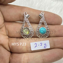 Wholesale 925 Sterling Silver Gemstone Pendant | Vintage Openwork Elongated Teardrop Filigree Scrollwork Round Natural Labradorite & Turquoise Charm (MYS P23)