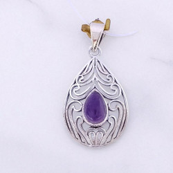 Wholesale 925 Sterling Silver Gemstone Pendant | Vintage Openwork Teardrop Filigree Scrollwork Pear-Cut Natural Amethyst & Labradorite Charm (MYS P24)