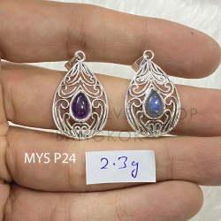 Wholesale 925 Sterling Silver Gemstone Pendant | Vintage Openwork Teardrop Filigree Scrollwork Pear-Cut Natural Amethyst & Labradorite Charm (MYS P24)