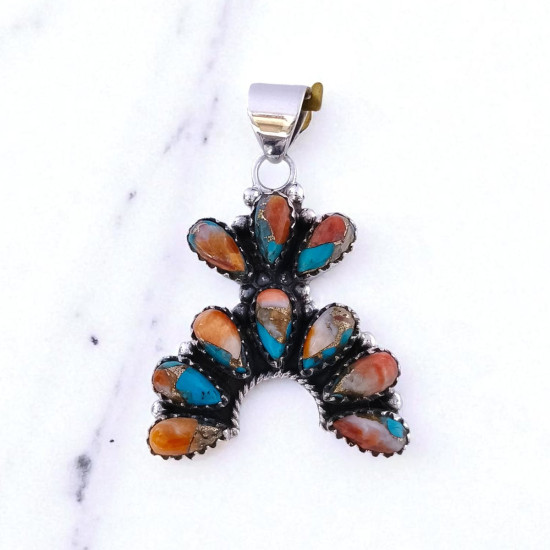 Wholesale 925 Sterling Silver Spiny Oyster Turquoise Pendant | Native Southwestern Style Cluster Jewelry (MYS P242) Wholesale 925 Sterling Silver Spiny Oyster Turquoise Pendant | Native Southwestern Style Cluster Jewelry (MYS P242)