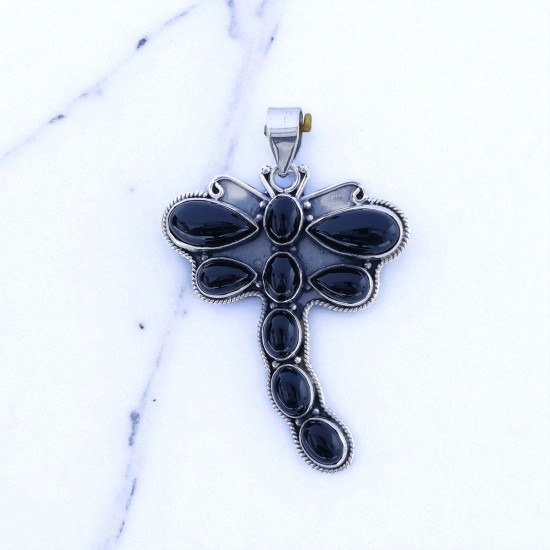 Large 925 Sterling Silver Dragonfly Pendant | Natural Black Onyx Statement Animal Jewelry (MYS P245)