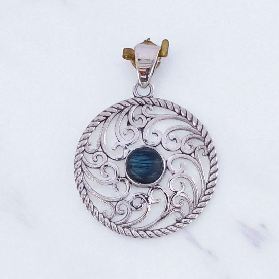 25 Sterling Silver Gemstone Pendant Round Swirl Filigree Natural Labradorite & Moonstone Charm Pendant (MYS P25)