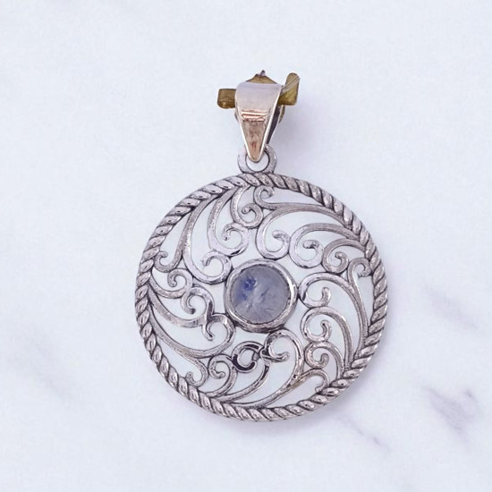 25 Sterling Silver Gemstone Pendant Round Swirl Filigree Natural Labradorite & Moonstone Charm Pendant (MYS P25)