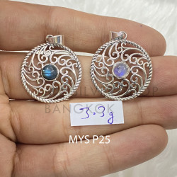 25 Sterling Silver Gemstone Pendant Round Swirl Filigree Natural Labradorite & Moonstone Charm Pendant (MYS P25)