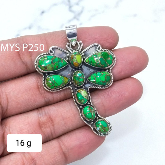 Wholesale Large 925 Sterling Silver Dragonfly Pendant | Green Mojave Turquoise Statement Animal Jewelry (MYS P250) Wholesale Large 925 Sterling Silver Dragonfly Pendant | Green Mojave Turquoise Statement Animal Jewelry (MYS P250)